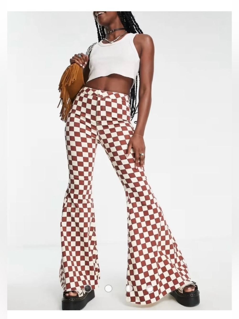 Free People Checkerboard Flare Pants Brown Cream 28 Boho Western Festival Y2K